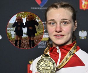 Julia Szeremeta w czarnej mini, w kozakach za kolana, z odsłoniętym brzuchem i dynią na głowie. Wicemistrzyni olimpijska zszokowała swoim strojem