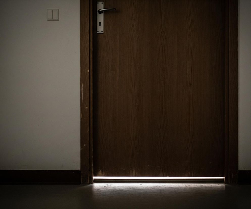 Brązowe drewniane drzwi zajmują centralną i prawą część kadru. Na drzwiach widać srebrną klamkę z zamkiem, a tuż obok, na białej ścianie po lewej, znajduje się podwójny, biały włącznik światła. Dolna krawędź drzwi przepuszcza pas jasnego światła, które rzuca smugę na ciemną podłogę. Pozostała część wnętrza jest zacieniona, z ciemną listwą przypodłogową wzdłuż białej ściany.