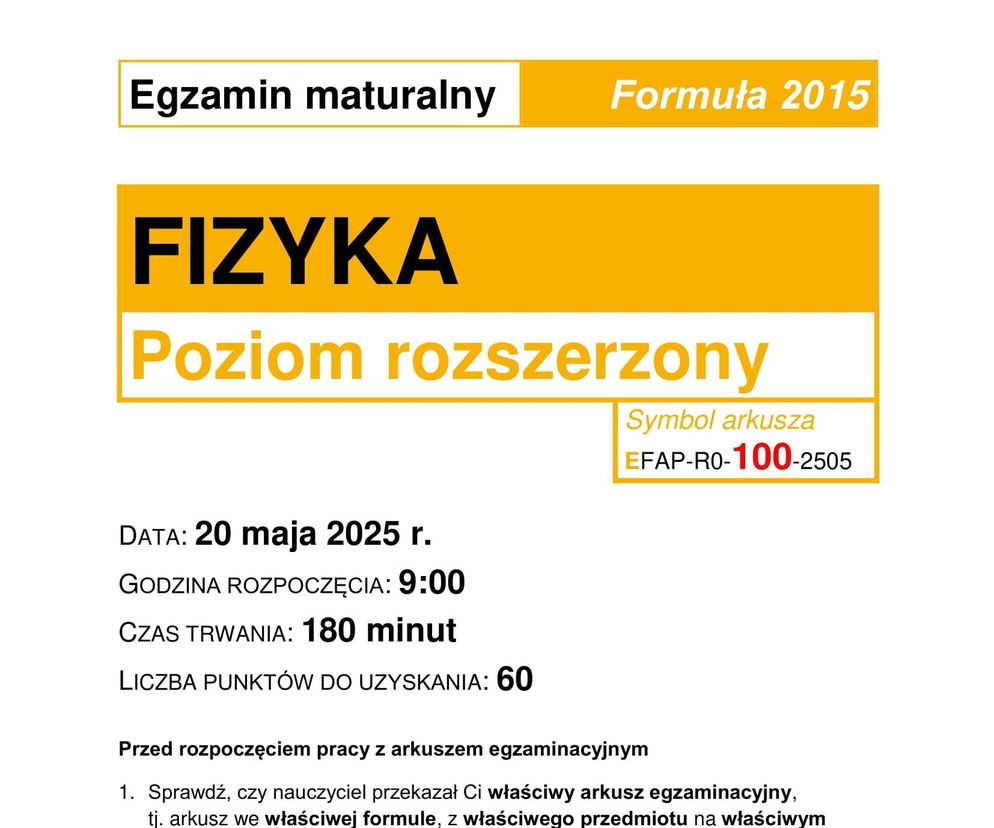 Matura 2025: fizyka 20.05.2025. Arkusze CKE, poziom rozszerzony [Formuła 2015]
