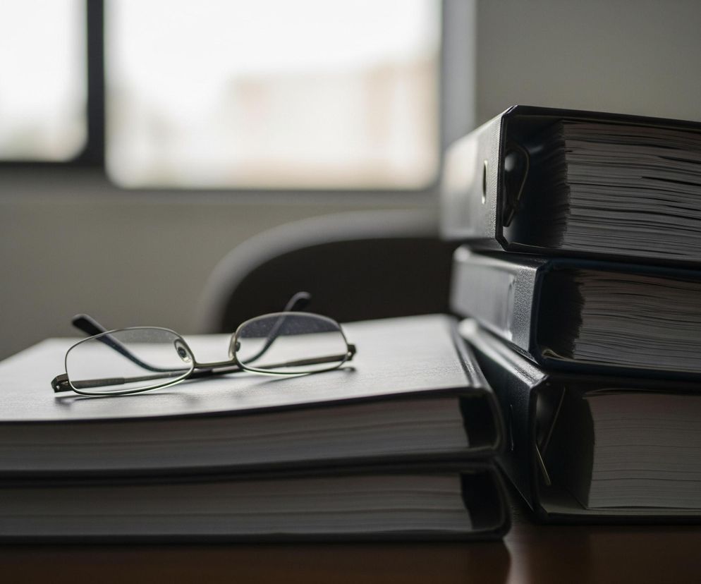 Na brązowym, błyszczącym blacie ułożone są obok siebie dwie stosy książek lub segregatorów, tworząc wyraźne cienie. Na lewym stosie, składającym się z dwóch grubych woluminów, leżą srebrne okulary w cienkich oprawkach. Prawy stos, częściowo widoczny, składa się z trzech ciemnych segregatorów wypełnionych białymi kartkami. W tle, po lewej stronie, widać rozmyte okno, z którego wpada jasne światło, podczas gdy reszta pomieszczenia pozostaje w półmroku.