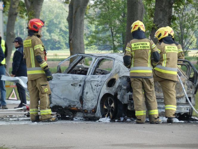 Zwęglone zwłoki w elektrycznym oplu. Samochód uderzył w drzewo i stanął w płomieniach