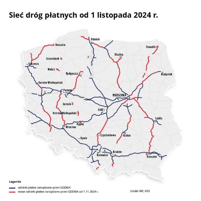 Sieć dróg płatnych w Polsce od 1 listopada 2024