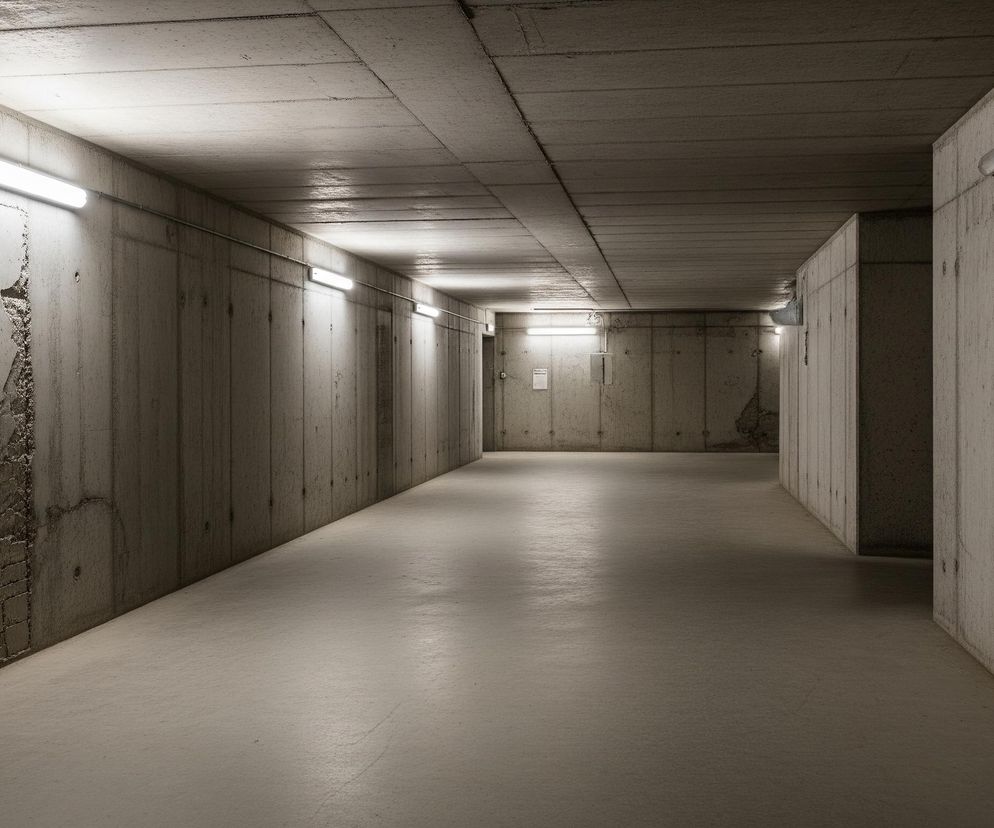Wąski, betonowy korytarz oświetlony jest przez szereg podłużnych, fluorescencyjnych lamp zamontowanych na ścianach po obu stronach. Ściany i sufit wykonane są z surowego betonu w odcieniach szarości, z widocznymi łączeniami płyt i drobnymi uszkodzeniami tynku, zwłaszcza na lewej ścianie, gdzie odsłonięta jest ceglana struktura. Podłoga, również betonowa, odbija światło, tworząc jasne plamy. W oddali korytarz zakręca w prawo, a po prawej stronie widać masywny, betonowy filar.