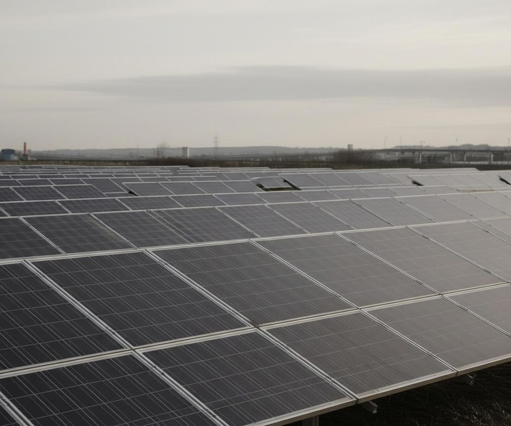 Obszerne pole pokryte jest rzędami ciemnych paneli fotowoltaicznych, skierowanych ku górze. Panele mają prostokątny kształt, a ich powierzchnia jest podzielona na mniejsze, regularne kwadraty przez białe linie. W tle, na horyzoncie, widać zarys zabudowań przemysłowych, w tym rury i kominy, oraz fragmenty infrastruktury takiej jak słupy i być może wiadukt. Niebo jest jasne, jednolite, w odcieniach szarości, z kilkoma delikatnymi, poziomymi smugami chmur.