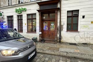 Przestraszone zwierzę wtuliło się w schody przed sklepem