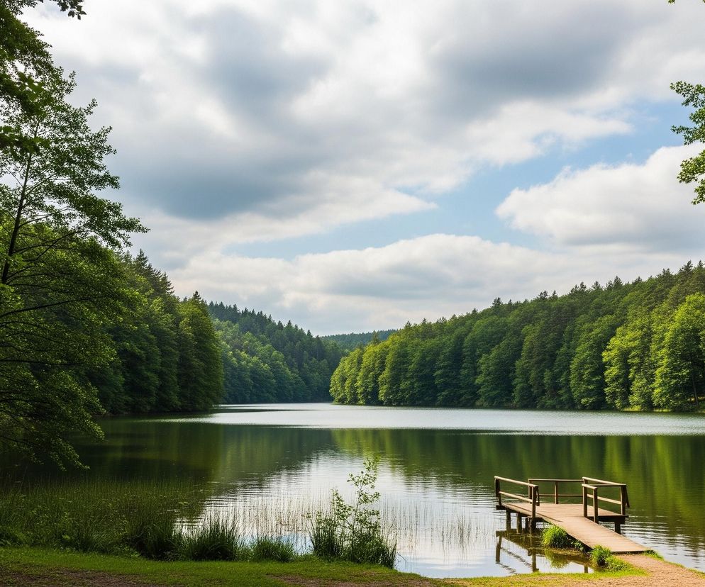 Centralną częścią obrazu jest spokojne jezioro o ciemnozielonej, odbijającej światło powierzchni, otoczone z obu stron gęstymi, zielonymi drzewami tworzącymi leśne zbocza. Na pierwszym planie po prawej stronie znajduje się drewniany pomost z barierkami, prowadzący w głąb wody, a obok niego widoczna jest ścieżka gruntowa i trawiasty brzeg. Nad całością rozciąga się niebo z licznymi szarymi i białymi chmurami, przeplatającymi się z jaśniejszymi, błękitnymi fragmentami.