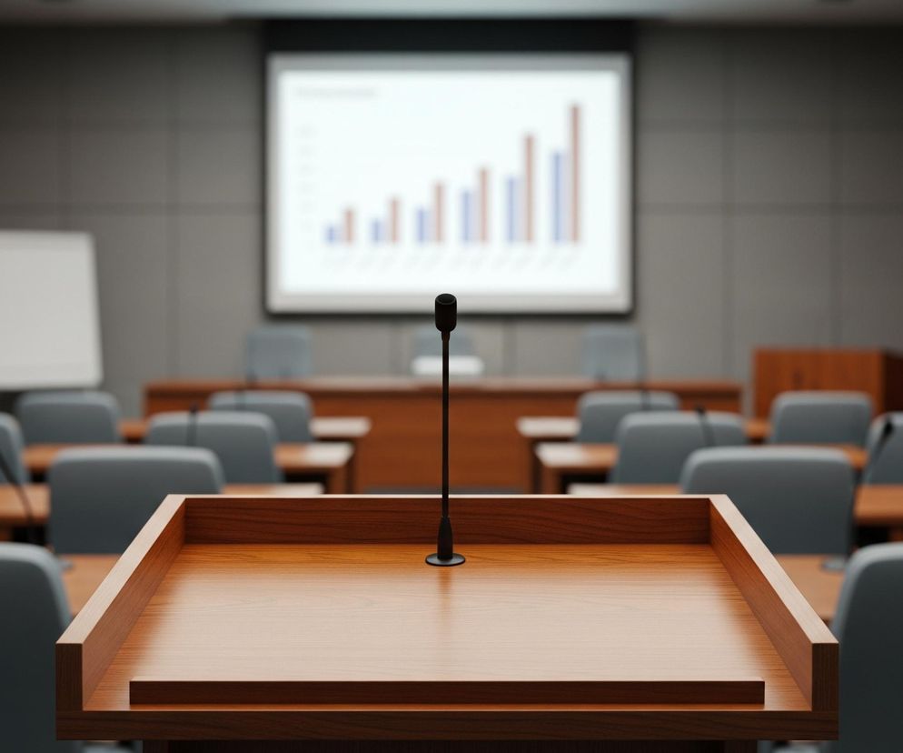 Na pierwszym planie znajduje się drewniana mównica w kolorze ciemnego brązu, z płaskim blatem i podwyższonymi krawędziami. Na jej środku stoi czarny mikrofon na cienkiej nóżce. Za mównicą rozciąga się pomieszczenie konferencyjne z rzędami szarych krzeseł i drewnianych stolików. W tle, na wprost mównicy, widać duży, podświetlony ekran, na którym wyświetlony jest wykres słupkowy w kolorach czerwonym i niebieskim.