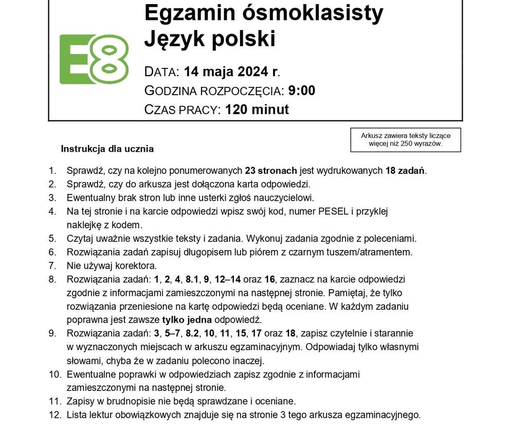 Egzamin ósmoklasisty 2024 - język polski arkusz, zadania