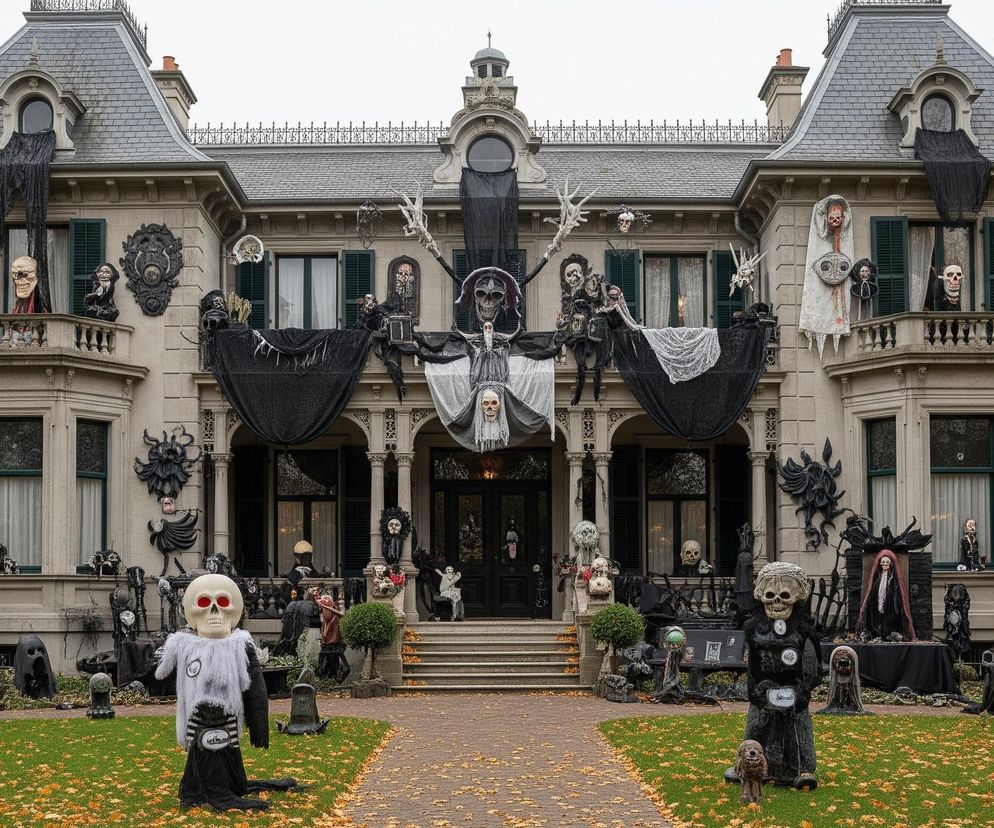 Przedstawiony jest okazały budynek w stylu francuskiego renesansu, z mansardowym dachem pokrytym szarymi łupkami, bogato udekorowany elementami na Halloween. Fasada budynku, utrzymana w jasnym odcieniu beżu, jest symetryczna, z dwoma ryzalitami po bokach i centralnym wejściem z szerokimi schodami. Cała powierzchnia domu, od dachu po ogród, jest gęsto pokryta różnorodnymi dekoracjami o tematyce śmierci i horroru: liczne szkielety, czaszki, postaci w czarnych i białych szatach, zwisające pajęczyny, czarne i białe materiały udające pajęczyny, oraz mroczne figurki ozdabiają balkony, okna i ściany. Ogród przed domem pokryty jest zieloną trawą, na której leżą opadłe, żółte liście, a także rozmieszczono tam kilkanaście figur szkieletów, nagrobków i innych makabrycznych ozdób. W tle widać drzewa o jesiennych, złocistych liściach, a niebo jest pochmurne i szare.