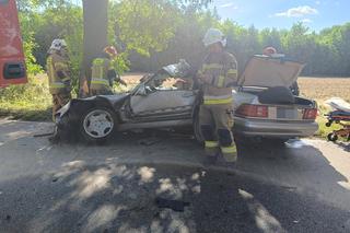 Wypadek pod Pabianicami. Mercedes rozpadł się na pół po uderzeniu w drzewo [ZDJĘCIA].