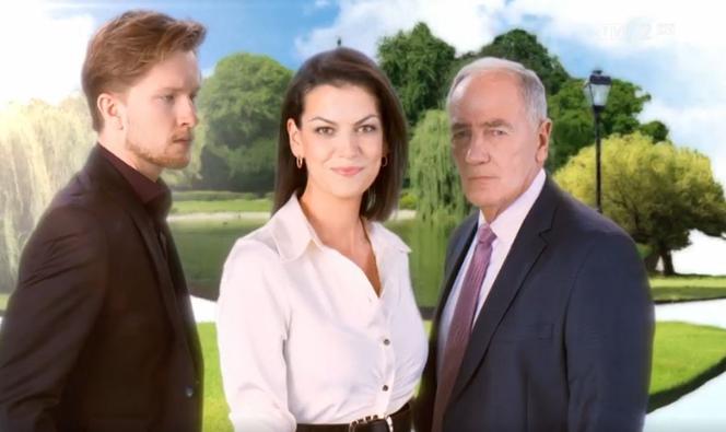 Nowa czołówka M jak miłość. Łukasz (Jakub Józefowicz), Patrycja (Alżbeta Lenska), Jerzy Argasiński (Karol Strasburger)