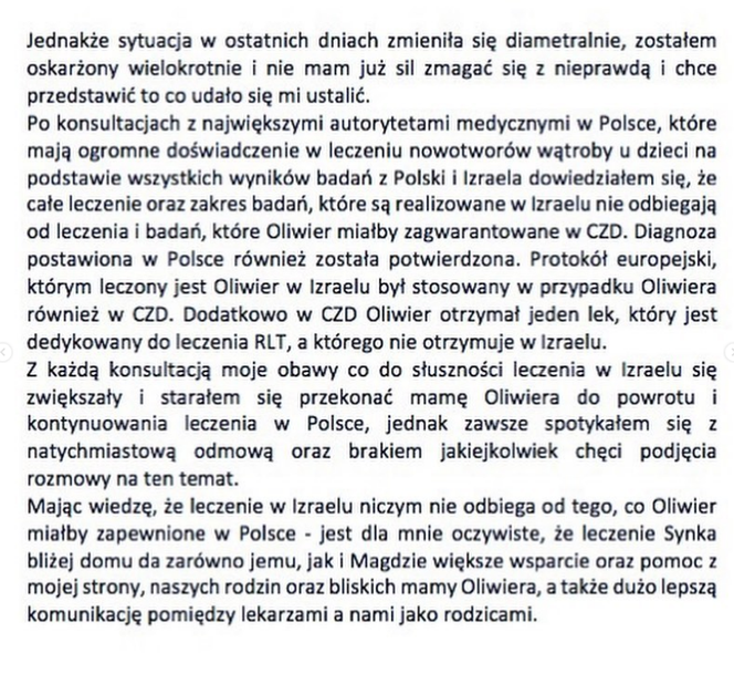 Jakub Rzeźniczak wydał oświadczenie ws. leczenia Oliwiera