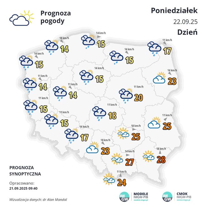 Pogoda IMGW na poniedziałek, 22 września 2025