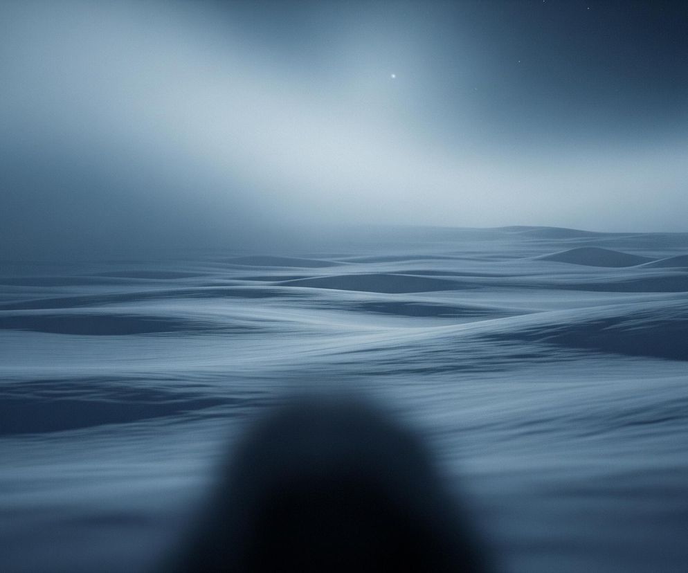 Rozległe, pofalowane pole śniegu pokrywa dolną połowę obrazu, z wyraźnymi grzbietami i dolinami tworzącymi horyzontalne linie. Odcienie bieli i błękitu dominują w śnieżnym krajobrazie, stając się jaśniejsze ku środkowej części horyzontu. W górnej części widoczny jest ciemnogranatowy nieboskłon, przechodzący w jaśniejszy błękit w kierunku horyzontu, z pojedynczymi jasnymi punktami przypominającymi gwiazdy. Na dole kadru, pośrodku, znajduje się rozmyty, ciemny kształt, który przypomina sylwetkę zza której wykonano zdjęcie.