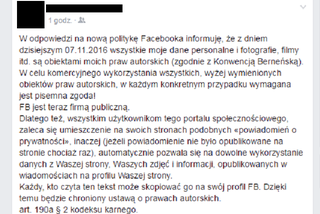 W odpowiedzi na nową politykę Facebooka informuję... - czy art. 190a § 2 KK działa na Facebooku?