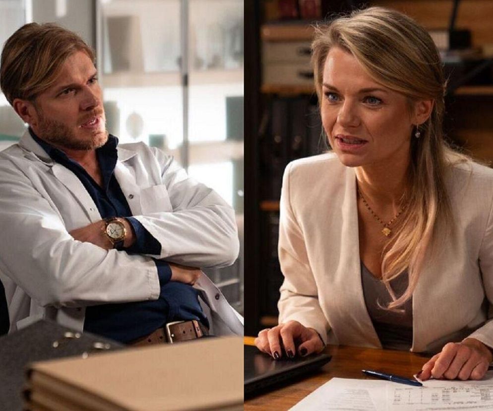 Agata Woźnicka i Maks Beger z serialu Na dobre i na złe na zdjęciu podzielonym na pół. Po lewej Maks w białym fartuchu lekarskim, z założonymi rękami. Po prawej Agata w beżowej marynarce siedzi za biurkiem, rozmawiając. Więcej o ich losach przeczytasz na Super Seriale.