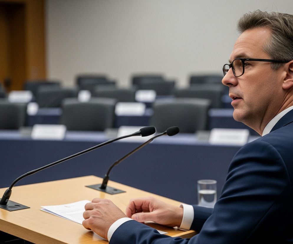 Mężczyzna w okularach i granatowym garniturze siedzi za jasnym drewnianym stołem, patrząc w prawo, z dwiema mikrofonami na ramieniu. Jego lewa dłoń leży na dokumentach leżących przed nim. Na stole, obok jego ręki, stoi szklanka z wodą, a tło wypełniają ciemne fotele rozmieszczone w rzędach.