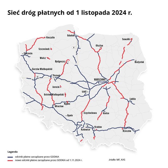 Nowe odcinki dróg płatnych od listopada 2024 r.