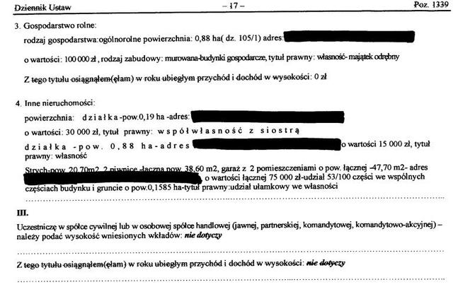 Fragment oświadczenia majątkowego