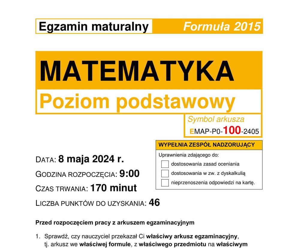 Matura 2024: matematyka. Arkusze CKE i odpowiedzi. Poziom podstawowy [Formuła 2015]