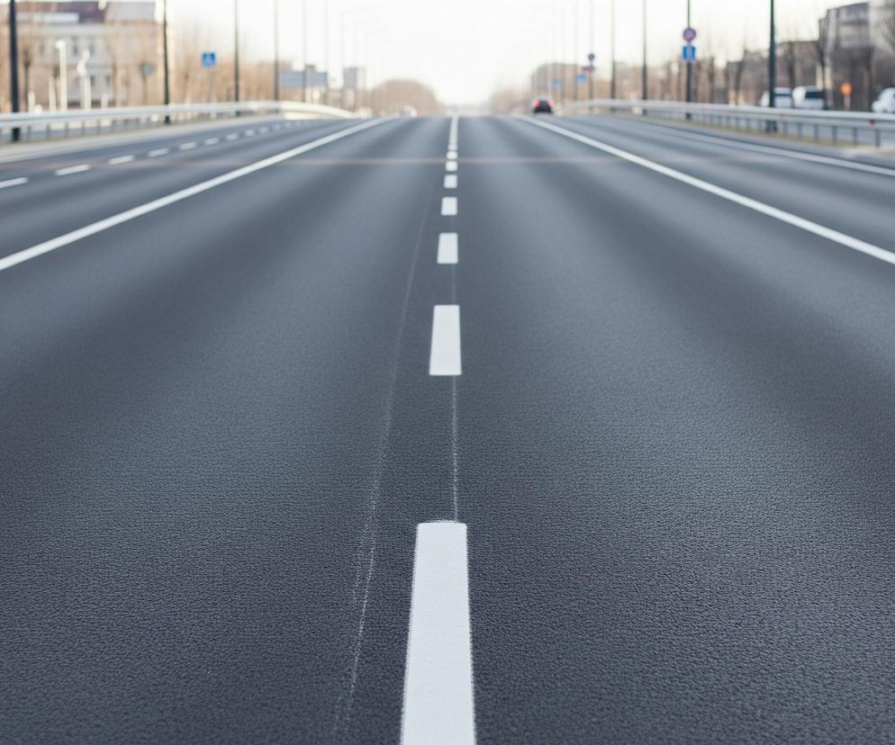 Asfaltowa droga o ciemnoszarym odcieniu rozciąga się w perspektywie, zbiegając się w dalekim punkcie. Centralnie biegnie przerywana biała linia, a po prawej stronie widać ciągłą białą linię. Po obu stronach jezdni znajdują się barierki drogowe oraz niewyraźne tło drzew i budynków.