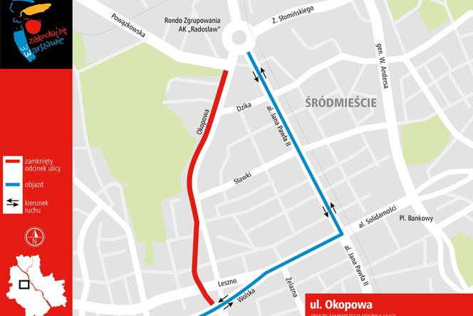 Objazd zamkniętej zachodniej jezdni ul. Okopowej