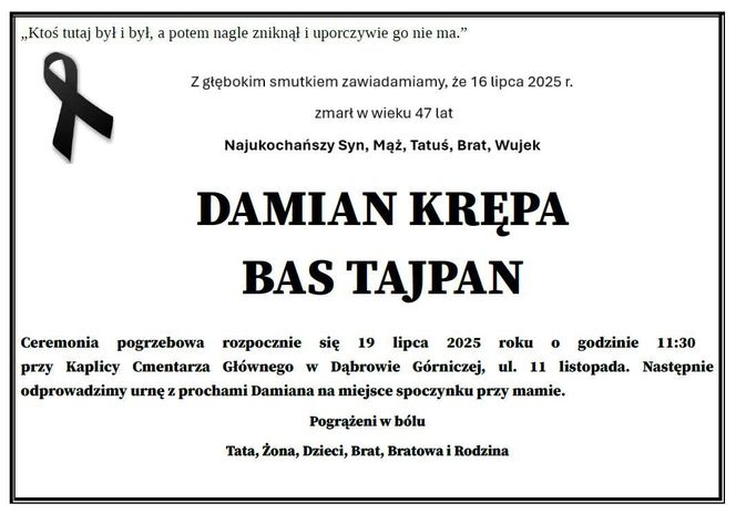 Damian Krępa, czyli Bas Tajpan, nie żyje. Znana jest data i miejsce pogrzebu. Ceremonia będzie świecka