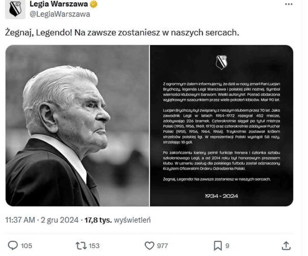 Piłka nożna, Lucjan Brychczy, Legia Warszawa, Twitter (X), wpis