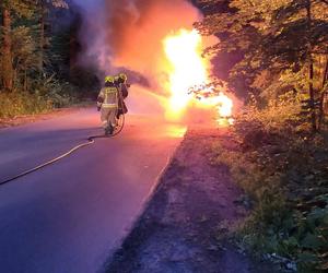 Pożar samochodu na trasie Olsztyn - Łęgajny. Droga była całkowicie zablokowana [ZDJĘCIA]