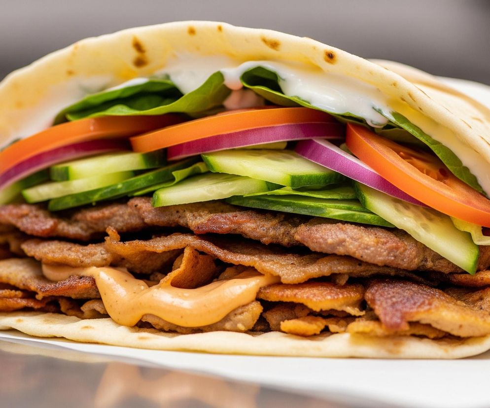 Duży wrap z mięsem i warzywami leży na białym papierze lub serwetce, zajmując centralne miejsce na obrazie. Wewnątrz pszennego placka ułożono warstwami grillowane, cienkie plastry mięsa o brązowo-złotym kolorze, polane pomarańczowo-beżowym sosem. Nad mięsem znajduje się warstwa świeżych warzyw, składająca się z zielonych liści sałaty, cienkich plastrów ogórka, cienkich, fioletowych krążków cebuli oraz plastrów czerwonego pomidora. Całość zwieńczona jest grubą warstwą białego sosu widocznego na górze i z lewej strony warzyw.