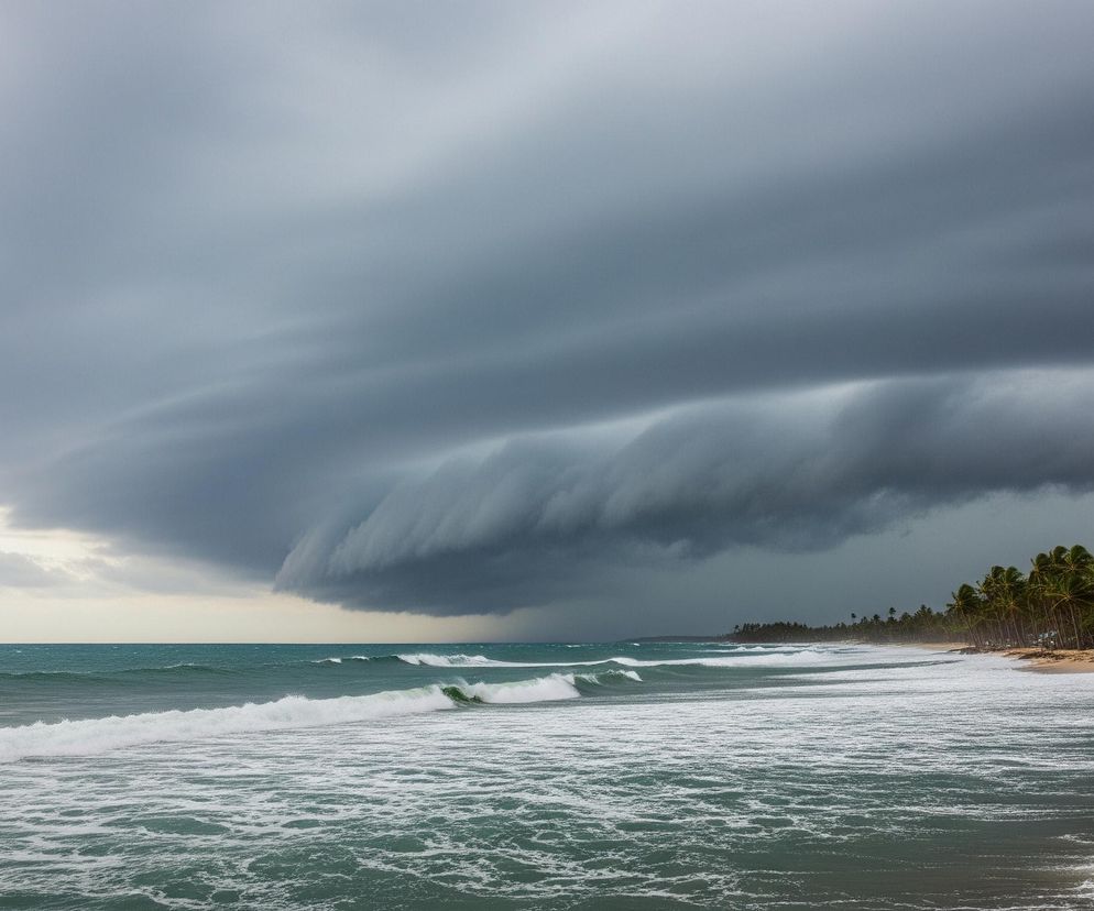 Ciemne, burzowe chmury tworzą potężną, falującą formację na niebie, rozciągającą się nad turkusowym oceanem. Pod nimi, na horyzoncie, widać pas piaszczystej plaży porośniętej gęstym lasem palm kokosowych, ich liście kołyszą się na wietrze. Przybrzeżne fale, z białymi grzywami, uderzają o brzeg, tworząc pianę.
