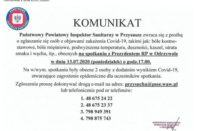Koronawirus na spotkaniu z prezydentem Andrzejem Dudą w Odrzywole. SANEPID apeluje