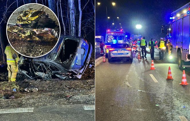 Pożar i dachowanie w Wawrze. Dramatyczny wypadek na ul. Bronisława Czecha