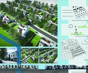 Ekologiczny zespół domów jednorodzinnych w Będzinie. Autor: Mateusz Dworak. Plansza konkursowa 1