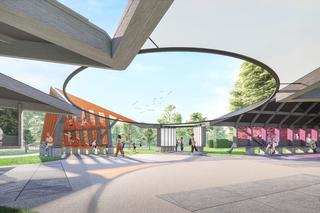 Serpentine Pavilion 2024 designed by Minsuk Cho, Mass Studies. Design render, view of void from the Tea House and Library.