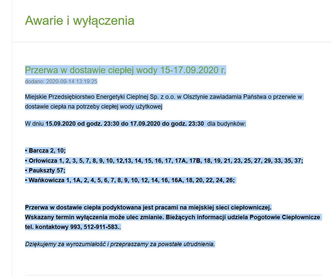 Przerwa w dostawie ciepłej wody w Olsztynie - osiedle Nagórki 