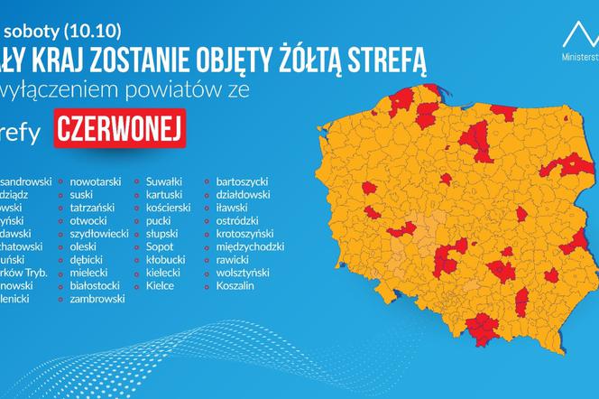 Mapa stref żółtych i czerwonych w Polsce stan od soboty 10 października 2020 roku