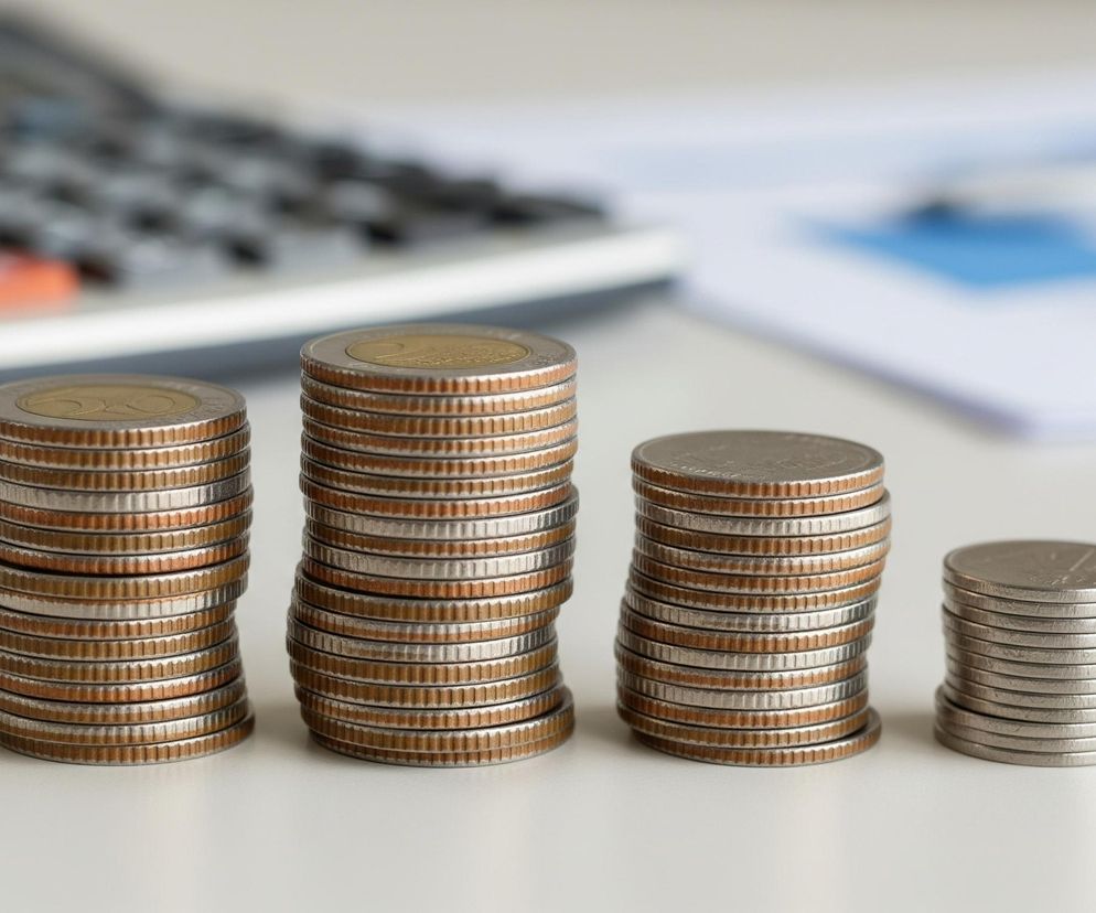 Ułożone w stosy monety euro o różnych wysokościach z kalkulatorem i wykresem w tle. Symbolizują wakacje składkowe ZUS i optymalizację finansową firm, o której przeczytasz na Super Biznes.