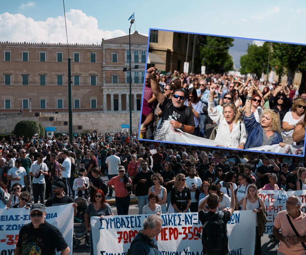 Duży tłum protestujących ludzi podczas strajku generalnego w Grecji, z budynkiem w tle i wycinkiem zdjęcia pokazującym ludzi z podniesionymi pięściami. Dowiedz się więcej o przyczynach i skutkach tych protestów na portalu Super Biznes.