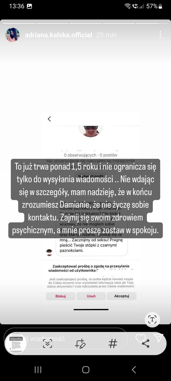 Adriana Kalska (Iza z M jak miłość) pokazała na Instagramie wiadomości od stalkera