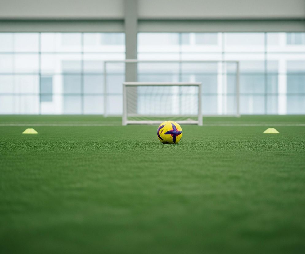 Na zielonej murawie, przypominającej sztuczną trawę, centralnie umieszczona jest piłka futbolowa w kolorach żółtym, niebieskim i fioletowym. Za piłką, w tle, widoczna jest biała bramka z siatką. Przed piłką oraz po jej bokach rozmieszczone są jaskrawe, stożkowe markery: kilka w kolorze żółto-limonkowym i dwa w kolorze niebieskim. W dalszym tle widoczne są duże okna z podziałami na szybach oraz fragmenty szarej konstrukcji budynku.