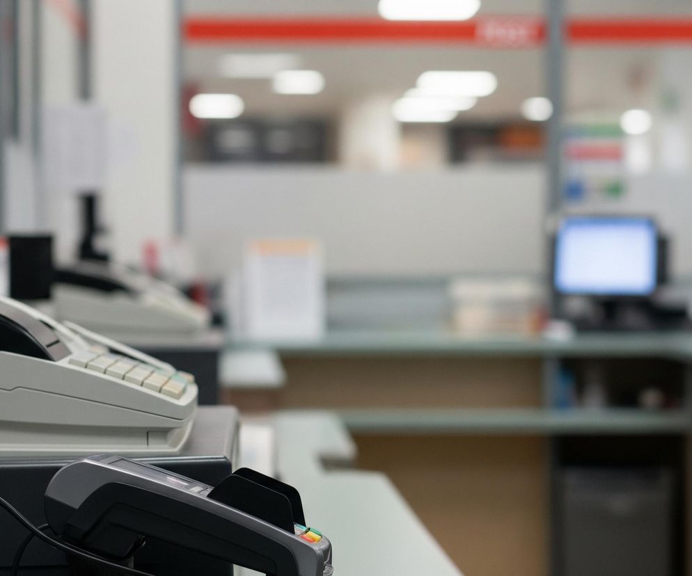 W pierwszym planie po lewej stronie znajduje się ciemnoszare urządzenie z niebieskim, pustym wyświetlaczem. Obok niego, nieco dalej, widoczny jest jasnoszary terminal płatniczy z kolorowymi przyciskami, a za nim fragment kasowego kalkulatora z białymi klawiszami. Tło stanowi rozmyte wnętrze biura lub punktu obsługi klienta, z długimi, jasnozielonymi blatami, białymi ściankami działowymi i czerwonymi pasami biegnącymi wzdłuż górnej części ściany, a także z widocznym w oddali monitorem komputera.