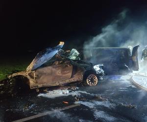 Tragedia pod Łowiczem! Kierowca zmarł w wypadku. Samochody całkowicie spłonęły [ZDJĘCIA]