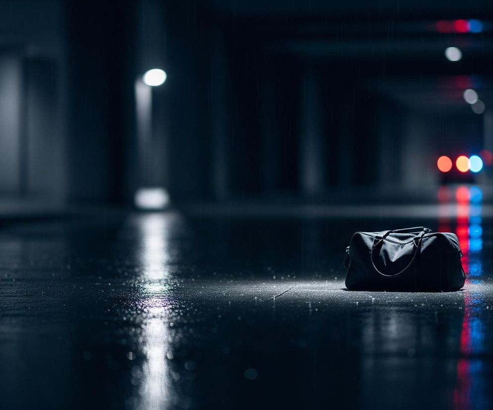 Na pierwszym planie, po prawej stronie kadru, leży czarna torba podróżna, zwrócona uchwytami do góry. Powierzchnia pod torbą jest ciemna i mokra, z licznymi refleksami świetlnymi i drobnymi kropelkami wody, co sugeruje opady deszczu. W oddali, w głębi ciemnego korytarza lub tunelu, widoczne są rozmyte, kolorowe światła: jedno białe światło uliczne po lewej stronie oraz sekwencja czerwonych i niebieskich świateł po prawej stronie, które odbijają się na mokrej nawierzchni. Całość obrazu utrzymana jest w chłodnej tonacji, z dominującymi odcieniami granatu i czerni, przełamanymi punktowymi blaskami świateł.