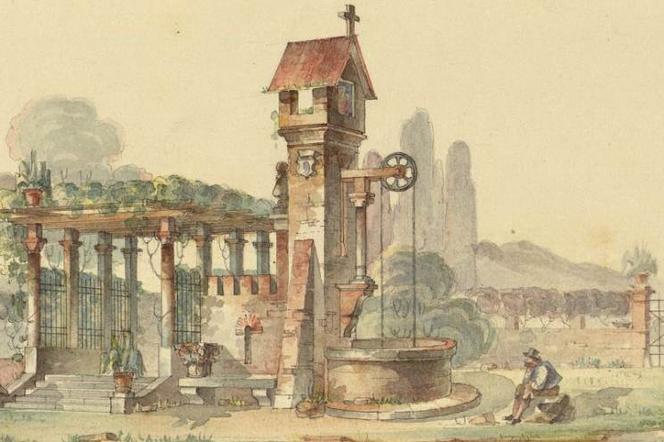 Franciszek Maria Lanci, szkic z pergolą i studnią, ok. 1849, Polona
