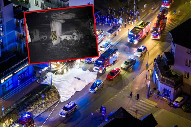 Pokazali jak wygląda wnętrze spalonego garażu w Ząbkach. Ogień pojawił się w nocy. Ewakuowano 300 osób