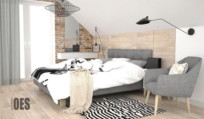 Biało szara sypialnia z dodatkiem drewna i cegły