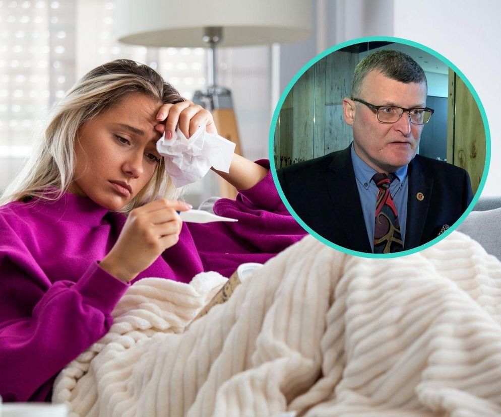 Młoda, blondwłosa kobieta w fioletowej bluzie leży pod beżowym kocem, mierząc temperaturę termometrem, obok niej chusteczki. W prawym górnym rogu okrągłe zdjęcie dr Pawła Grzesiowskiego w garniturze i okularach. Dowiedz się więcej o COVID-19 i powikłaniach na Poradnik Zdrowie.