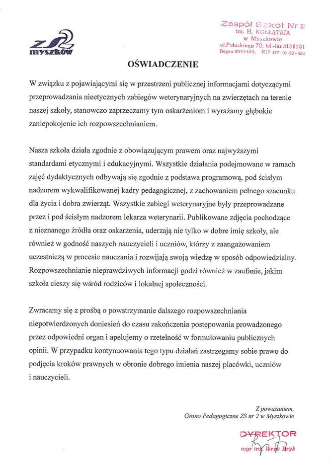 Oświadczenie Zespołu Szkół nr 2 w Myszkowie im. H. Kołłątaja
