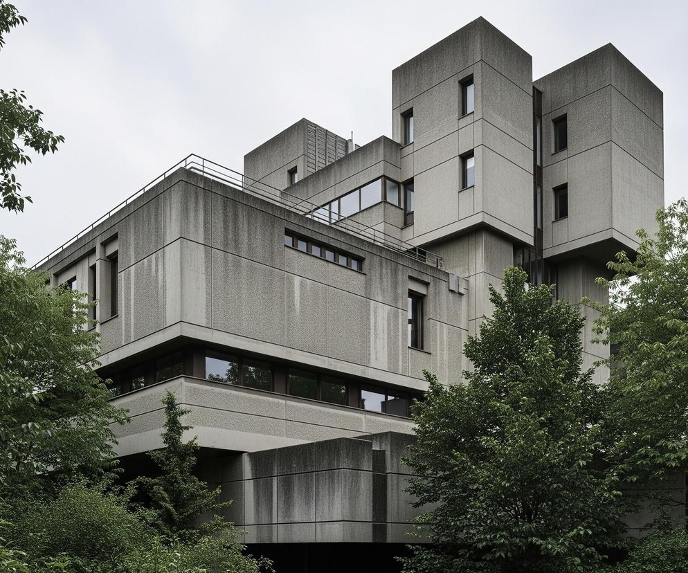 Duży, modernistyczny budynek o złożonej, kanciastej bryle, zbudowany z surowego, szarego betonu. Struktura składa się z wielu prostopadłościennych bloków i wież o różnych wysokościach, z nieregularnie rozmieszczonymi, prostokątnymi oknami, niektóre z nich są podłużne i pionowe, inne poziome i szerokie. Górne kondygnacje posiadają płaskie dachy z balustradami, a niektóre fasady zdobią poziome pasy o zróżnicowanej teksturze betonu. Całość otoczona jest obfitym, zielonym listowiem drzew i krzewów, które częściowo zasłaniają dolne partie budynku, dodając kontrastu między naturalną zielenią a surową architekturą.